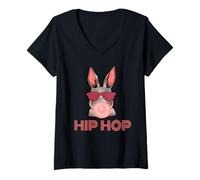 Femme Hip Hop Bunny with Sunglasses Cute Easter Funny Rabbit Lover T-Shirt avec Col en V