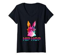 Femme Hip Hop Bunny with Sunglasses Cute Easter Funny Rabbit Lover T-Shirt avec Col en V