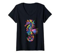 Femme Hippocampe Pop Art Coloré Aquariste Océan Doux T-Shirt avec Col en V