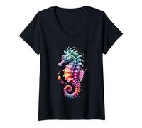 Femme Hippocampe Style Affiche coloré Peinture éclaboussure Art Graphique T-Shirt avec Col en V