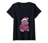 Femme Hippopotame de Noël Mignon de Bande dessinée | Fête de Noël T-Shirt avec Col en V