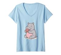 Femme Hippopotame Mignon Mangeant Un Beignet Kawaii Food Art T-Shirt avec Col en V