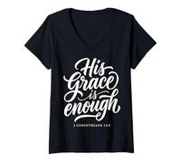 Femme His Grace is Enough Corinthians 12:9 Verse biblique T-Shirt avec Col en V