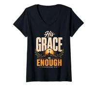 Femme His Grace is Enough Corinthians 12:9 Verse biblique T-Shirt avec Col en V