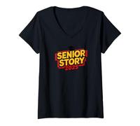 Femme Histoire Senior 2025 Fête de Fin d’Études Humour T-Shirt avec Col en V