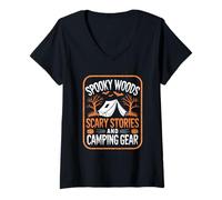 Femme Histoires effrayantes de Spooky Woods, Camping en Camping-Car et Randonneur pour Halloween T-Shirt avec Col en V