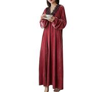 Femme Hiver Chaud Style Palais Confort Pyjama Vêtement de Nuit Victorienne Col en V avec Bordure en Dentelle Chemise de Nuit en Velours à Manches Longues Ou M