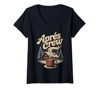 Femme Hiver Neige Après Ski Cabine Crew Coffee Lodge Scène Montagne T-Shirt avec Col en V