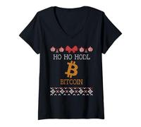 Femme Ho Ho HODL Bitcoin Pull Père Noël Crypto Monnaie T-Shirt avec Col en V