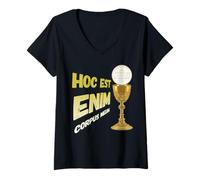 Femme Hoc Est Enim Corpus Meum Eucharistie Latine T-Shirt avec Col en V