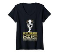 Femme Hoc Est Enim Corpus Meum Eucharistie Latine T-Shirt avec Col en V