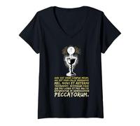 Femme Hoc Est Enim Corpus Meum Eucharistie Latine T-Shirt avec Col en V