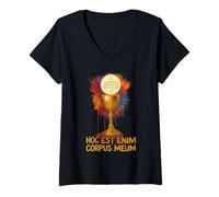 Femme Hoc Est Enim Corpus Meum Eucharistie Latine T-Shirt avec Col en V