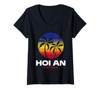 Femme Hoi an Vietnam Beach Palmier rétro Style années 80 T-Shirt avec Col en V