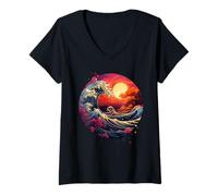 Femme Hokusai La Grande Vague de Kanagawa Nippon Japon Manga Tokyo T-Shirt avec Col en V