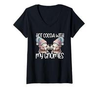 Femme Holiday Gnomes with Hot Cocoa Mugs Funny Saying for Winter T-Shirt avec Col en V