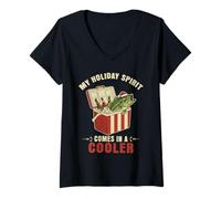 Femme Holiday Spirit Fishing Beer Lover Humour Christmas T-Shirt avec Col en V