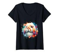 Femme Holland Lop Lapin de Pâques Mini Loup Mignon T-Shirt avec Col en V