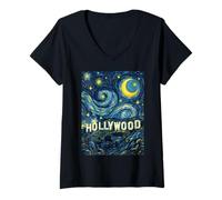 Femme Hollywood Sign LA Nuit étoilée Art Histoire Cadeau T-Shirt avec Col en V