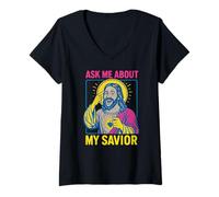 Femme Holy Humor Ask Me About My Savior Fun Men Christian Faith T-Shirt avec Col en V
