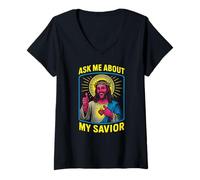 Femme Holy Humor Ask Me About My Savior Fun Men Christian Faith T-Shirt avec Col en V