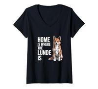 Femme Home is Where The Lunde est Le propriétaire norvégien du Chien Lundehund T-Shirt avec Col en V