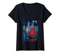 Femme Hong Kong Harbor Night Scene Junk Sailing Boat T-Shirt avec Col en V