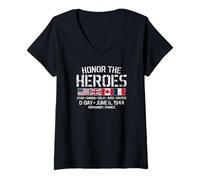 Femme Honor The Heroes D-Day 6 Juin 1944 Imprimé Vieilli T-Shirt avec Col en V