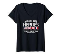 Femme Honor The Heroes D-Day 6 Juin 1944 USA UK Canada France T-Shirt avec Col en V