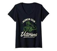 Femme Honorons nos vétérans Hommage Militaire Soldat saluant T-Shirt avec Col en V