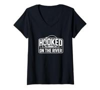 Femme Hooked on The River Peche A La Mouche Truite T-Shirt avec Col en V