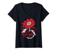 Femme Hope Love Cure Ruban Rouge Sensibilisation au SIDA Tournesol Rouge T-Shirt avec Col en V