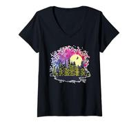 Femme Horizon avec sorcière, Construction, Ville, Silhouette T-Shirt avec Col en V