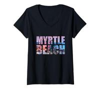 Femme Horizon de la Ville avec la Roue de Ciel à l'intérieur des Lettres de Myrtle Beach T-Shirt avec Col en V