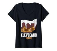 Femme Horizon de la Ville de Cleveland dans l'Ohio, Carte de l'État de l'Ohio, Silhouette Vintage T-Shirt avec Col en V