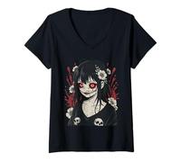 Femme Horreur Anime Girl Japonais Creepy Kawaii Goth T-Shirt avec Col en V