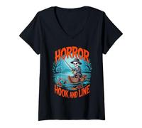 Femme Horror Hook and Line Fishing Skeletons Halloween Fishermen T-Shirt avec Col en V