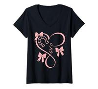 Femme Horseshoe Heart Beat Love Horses Fun Bow Coquette Horse Girl T-Shirt avec Col en V