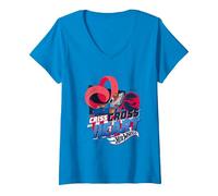 Femme Hot Wheels Criss Cross My Heart, Officiel T-Shirt avec Col en V, Saphir, L