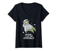 Femme Houston I'll Get There Eventually Sloth Astronaute T-Shirt avec Col en V