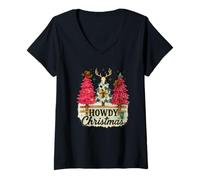 Femme Howdy Christmas Western Trees Cowprint Leopard Cowboy T-Shirt avec Col en V