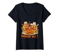 Femme Howdy Fall Chemise Cowboy Chapeau Citrouille Western Automne T-Shirt avec Col en V