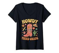 Femme Howdy Troisième année de Retour à l'école Western Cowgirl Teacher Fun T-Shirt avec Col en V