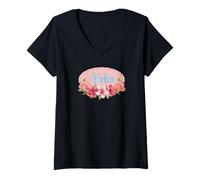 Femme Hula Dance Hula Leçon Aloha Tropical Hawaï Hibiscus Mignon Populaire Plumeria Hawaïen Noir T-Shirt avec Col en V