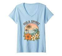 Femme Hula Spirit Retro Surf Wave Hibiscus Plumeria Fleur Hawaï T-Shirt avec Col en V