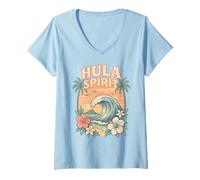 Femme Hula Spirit Wave Retro Hawaï Palmiers Fleurs Tropicales T-Shirt avec Col en V