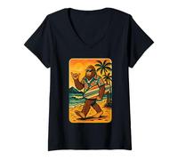 Femme Humoristique Bigfoot Aloha Hawaiian Surf Tropical Beach Surfeur T-Shirt avec Col en V