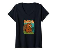 Femme Humour Castor Humour Dam It Rétro Animal Nature Design T-Shirt avec Col en V