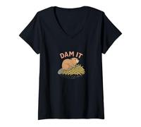 Femme Humour Castor Humour Dam It Rétro Animal Nature Design T-Shirt avec Col en V