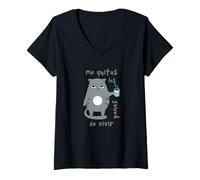 Femme Humour Chat Tasse café Mauvaise Humeur Regard Cadeau frère Chaton T-Shirt avec Col en V